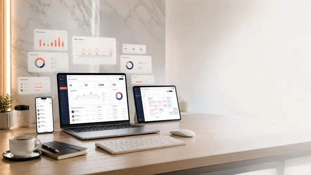 ภาพสาธิตแดชบอร์ด ClinixMate บนแล็ปท็อปและแท็บเล็ต ครอบคลุมนัดหมาย CRM คอร์สคงเหลือ สต็อก และรายงานผู้บริหารสำหรับคลินิกความงาม