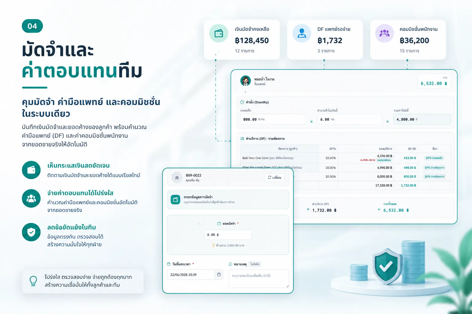 หน้าจอจัดการเงินมัดจำและค่ามือแพทย์/คอมมิชชั่นของโปรแกรมบริหารคลินิกความงาม ClinixMate